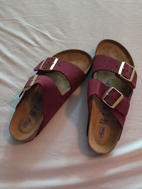 Birkenstock Double Buckle Slides in Burgundy with Gold Buckles
